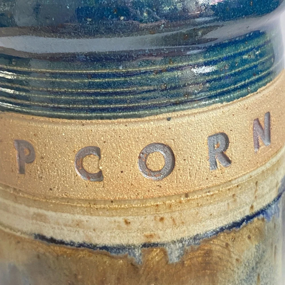 Hand Made 1989 Stoneware Pottery Container POPCORN Crock Signed Bob Huskins